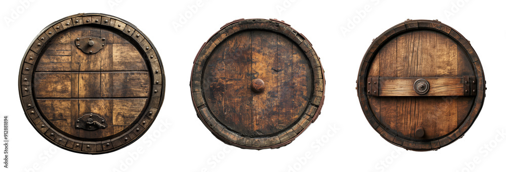 Top view of an old rustic wooden barrel isolated on white or transparent background, barrel for storing wine close-up photo Top view of an old rustic wooden barrel isolated on white or transparent background, barrel for storing wine close-up photo