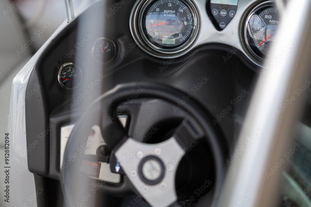 Close-up of the boat's instrument panel. Close-up of the boat's instrument panel.