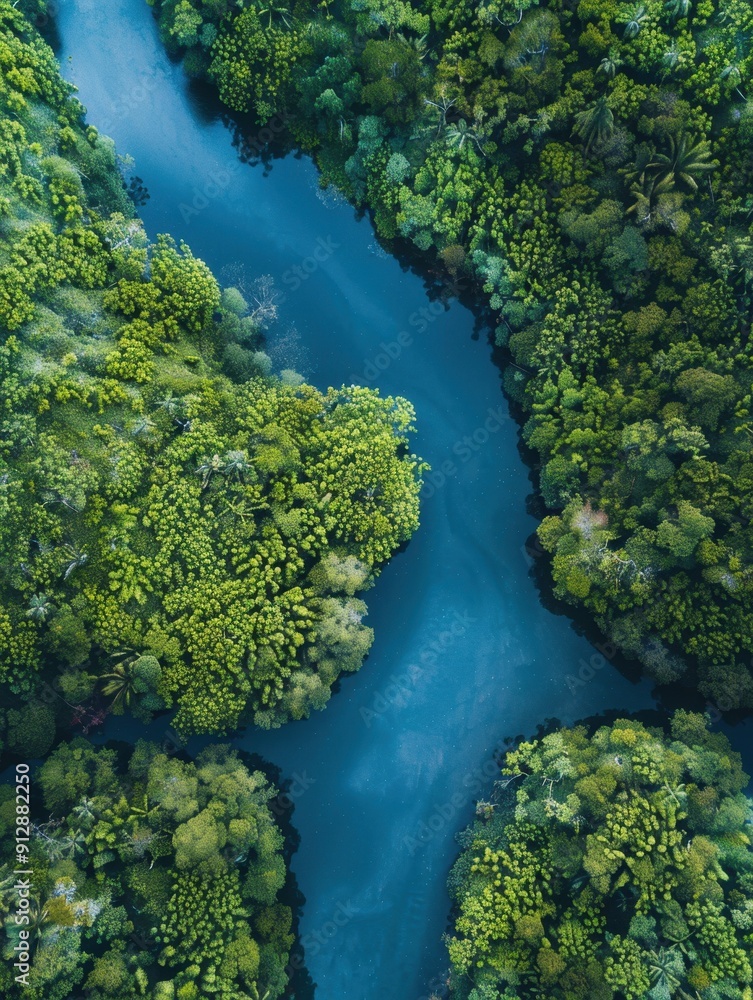 A stunning aerial view of a winding river cutting through a lush, green tropical rainforest with dense foliage. A stunning aerial view of a winding river cutting through a lush, green tropical rainforest with dense foliage.