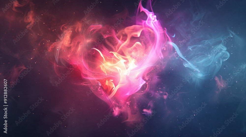 A pink heart made from smoke on a blue-pink backdrop with red smoke outlining it A pink heart made from smoke on a blue-pink backdrop with red smoke outlining it