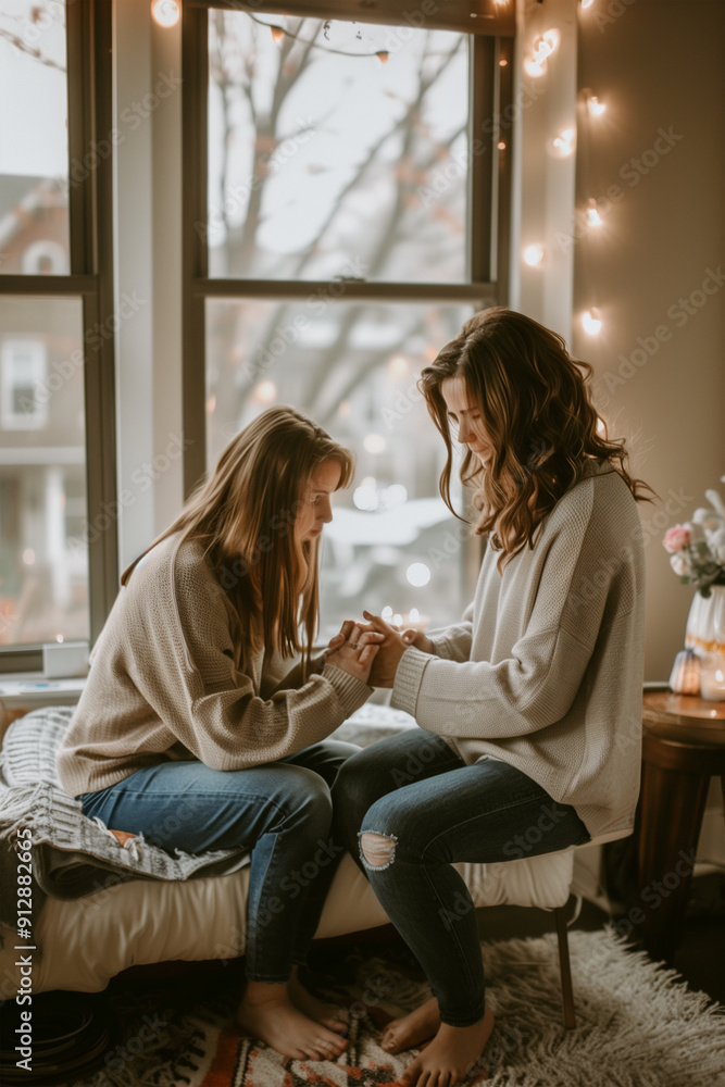 Obraz premium A young mother comforting her daughter who suffers from depression and anxiety.