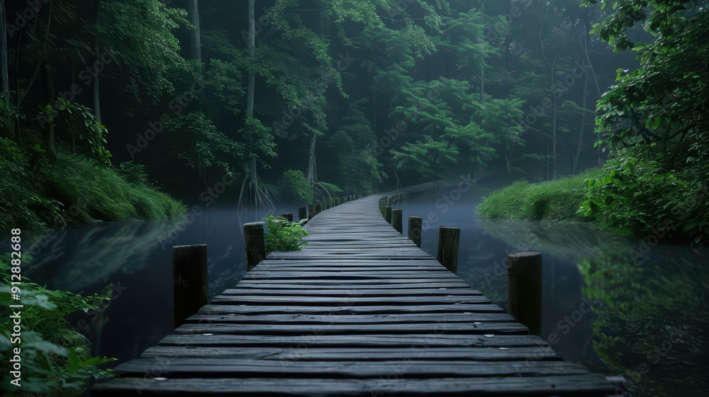 Fototapeta premium Serene Wooden Pathway Through Misty Forest Over Calm Water in Early Morning Light