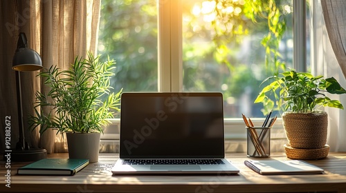 Minimalist Desk Setup with Laptop and Plants