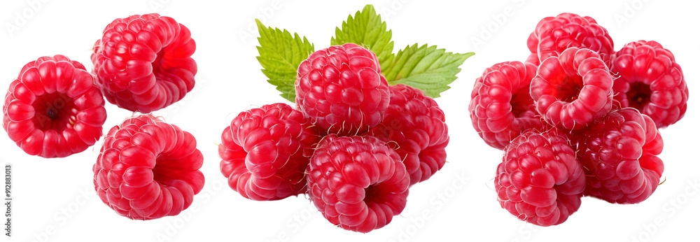 Three clusters of ripe raspberries with leaves. Perfect for food blogs, health articles, or product packaging. (Transparent PNG background)