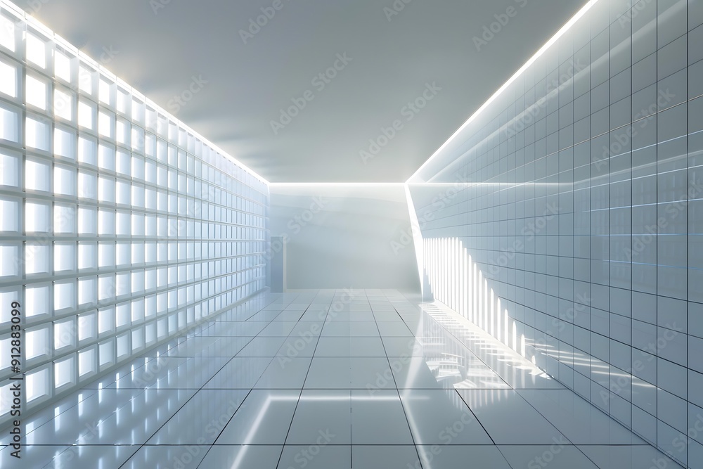 Obraz premium Modern Minimalist White Corridor with Glass Block Wall