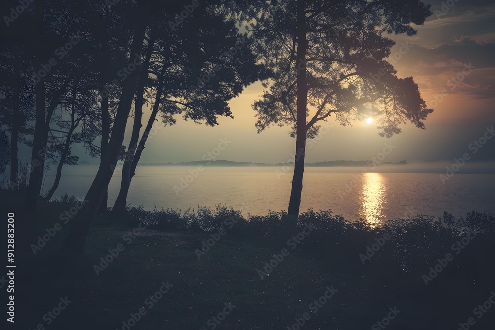 Fototapeta premium Silhouettes of Trees at Sunset Over a Lake