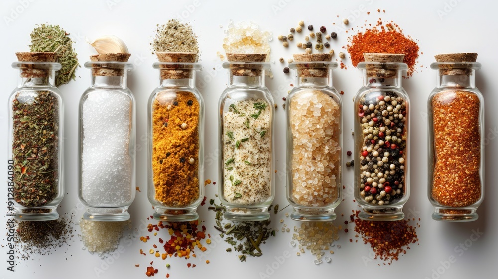 Colorful array of spices in glass jars, showcasing variety and flavor, ideal for culinary projects and food photography. Colorful array of spices in glass jars, showcasing variety and flavor, ideal for culinary projects and food photography.