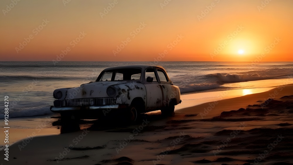 car at sunset. car on the beach, car on the beach at sunset. golden hour photography. can on sea side beach view. 