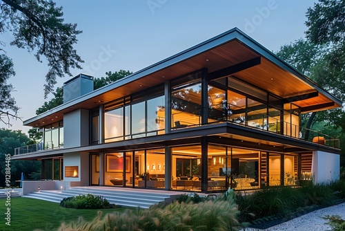 Modern Home With Large Windows And Deck