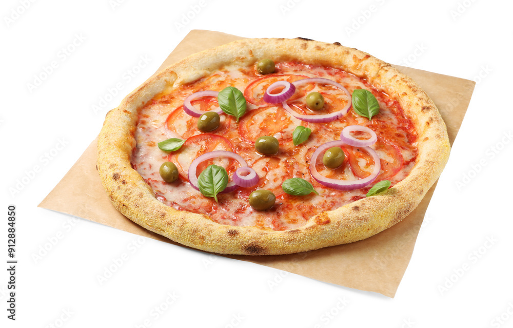 Delicious vegetarian pizza with fresh basil isolated on white Delicious vegetarian pizza with fresh basil isolated on white