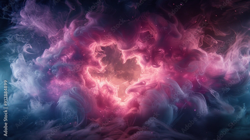 A heart-shaped cloud of smoke in a blue and pink sky with stars in the center A heart-shaped cloud of smoke in a blue and pink sky with stars in the center