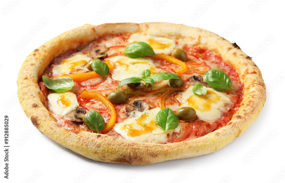 Delicious vegetarian pizza with fresh basil isolated on white Delicious vegetarian pizza with fresh basil isolated on white