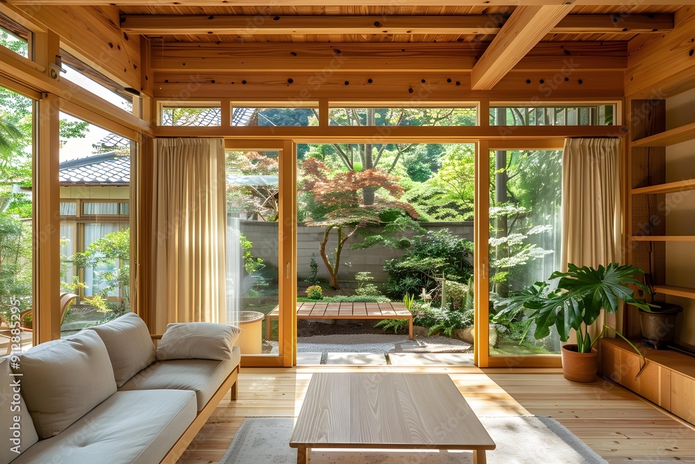 Modern Japanese Living Room With Wooden Beams And Sliding Glass Doors Modern Japanese Living Room With Wooden Beams And Sliding Glass Doors