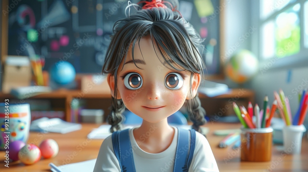 Adorable Cartoon Girl Student in Classroom Adorable Cartoon Girl Student in Classroom