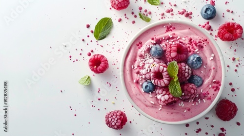 Delicious smoothie bowl topped with fresh raspberries, blueberries, and mint leaves, perfect for a healthy breakfast or snack.