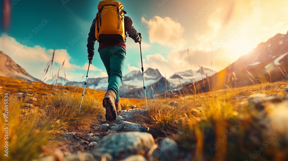 Obraz premium A hiker exploring a scenic mountain trail, surrounded by the beauty of nature, with rugged mountains rising in the background. 