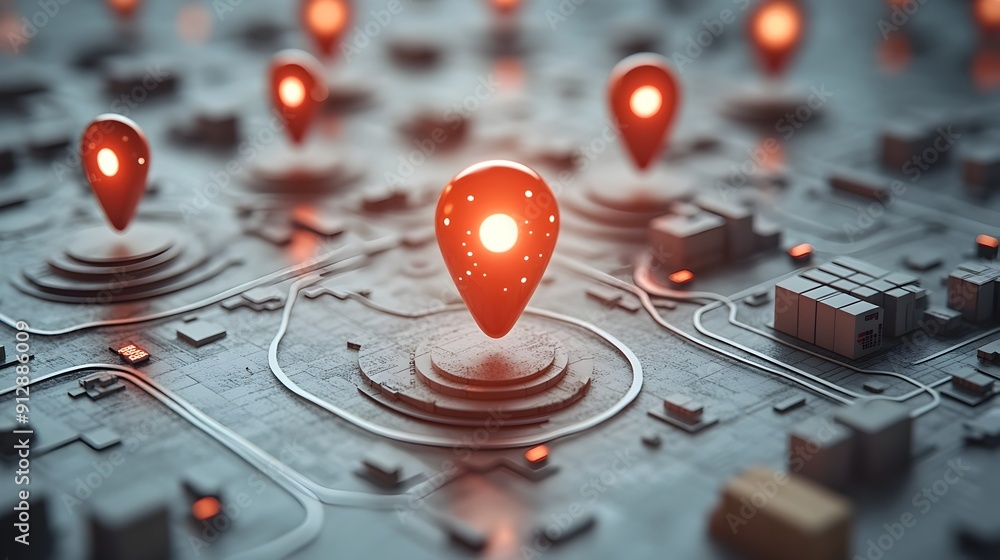 Glowing 3D Pattern of Red Location Pins Surrounded by Logistic Data Icons Glowing 3D Pattern of Red Location Pins Surrounded by Logistic Data Icons
