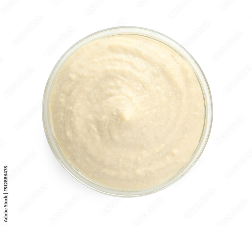 Delicious hummus in bowl isolated on white, top view Delicious hummus in bowl isolated on white, top view