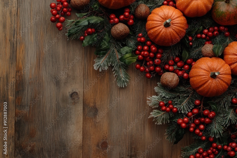 Autumnal Decorations with Pumpkins, Holly, and Nuts on Rustic Wood Autumnal Decorations with Pumpkins, Holly, and Nuts on Rustic Wood