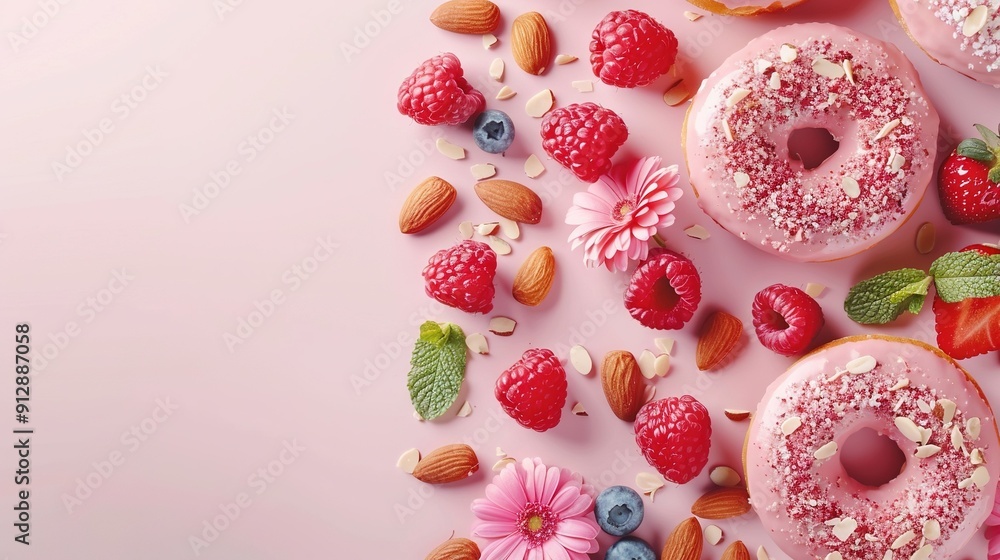 Group of doughnuts on a nut-covered table with raspberries and almonds Group of doughnuts on a nut-covered table with raspberries and almonds