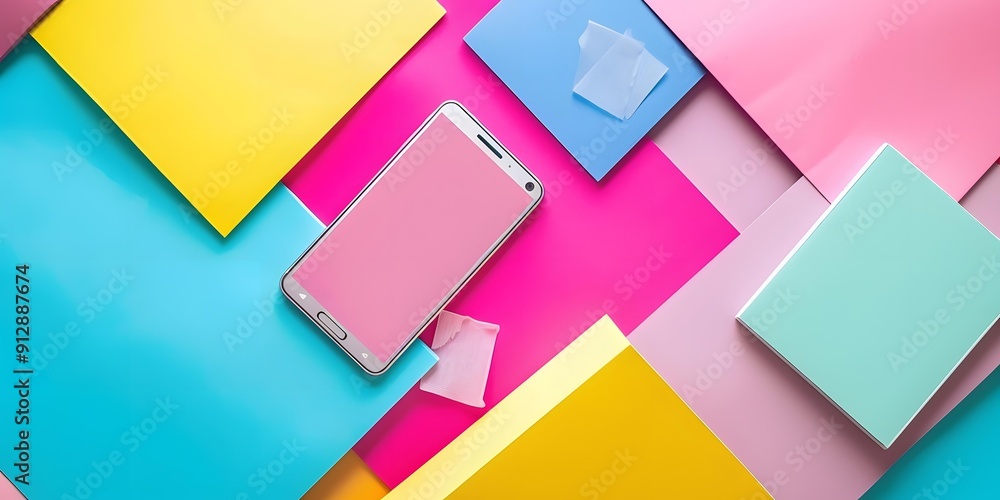 Flat Lay Colorful Background with Smartphone Flat Lay Colorful Background with Smartphone