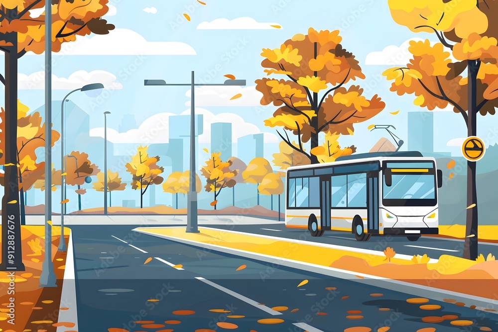 Obraz premium Autumn City Street With Bus In The Background