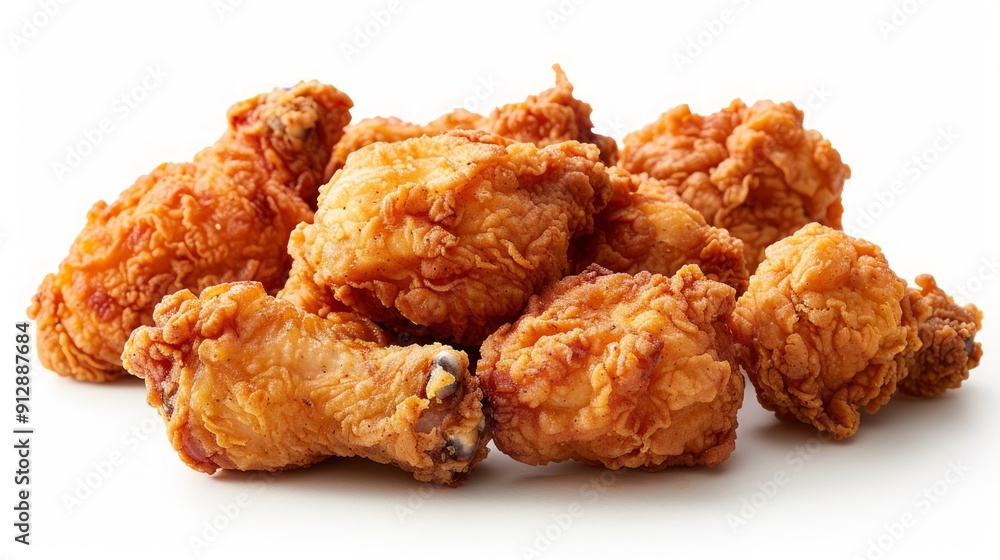 Golden-brown fried chicken pieces on a white background, perfect for food photography, menus, or culinary advertisements. Golden-brown fried chicken pieces on a white background, perfect for food photography, menus, or culinary advertisements.