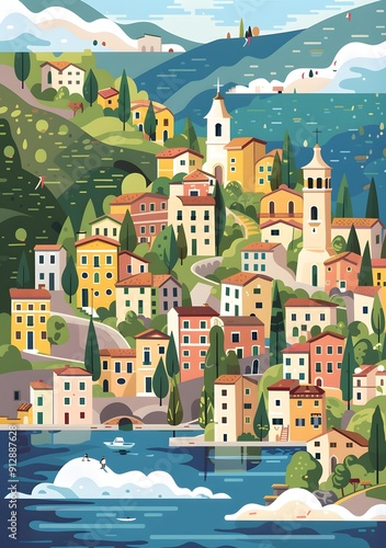 Beautiful Landscape Illustration of a Coastal Village