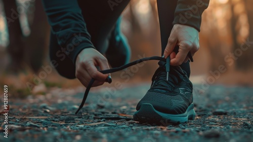 Person tying their shoelaces before a run, emphasizing the details of the activity