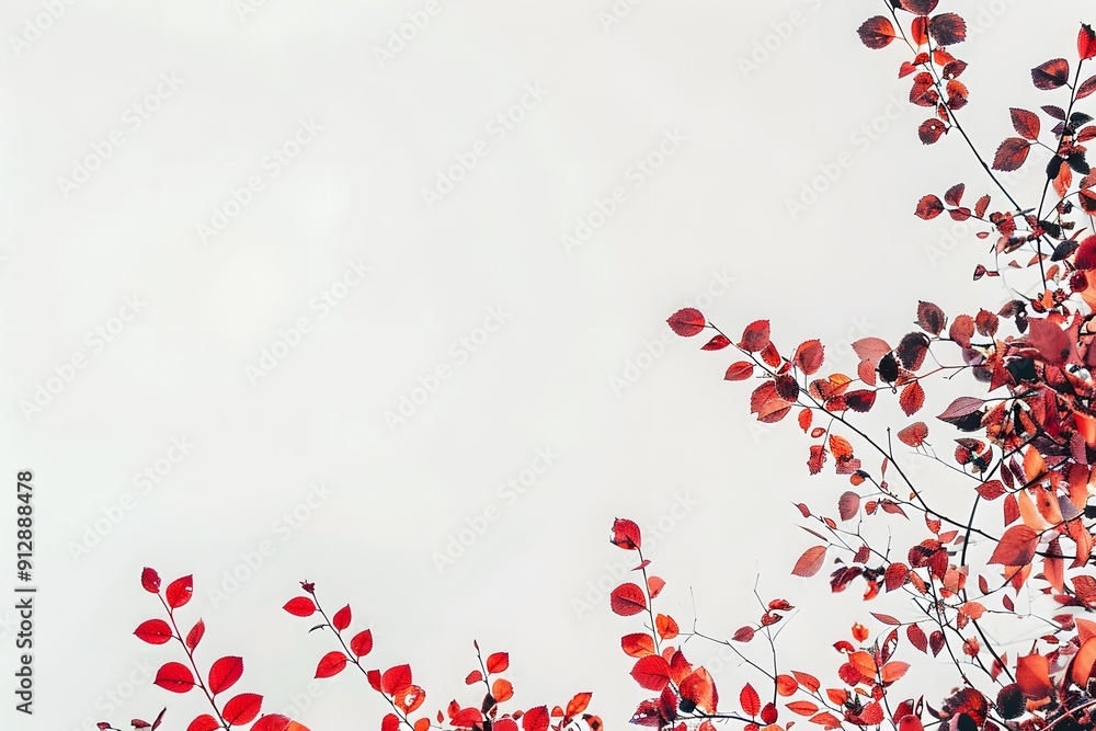 Red Leaves on a Branch Against a White Background Red Leaves on a Branch Against a White Background