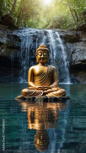 vvertical video of Buddha statue in meditation on tranquil water, social media story background set photo