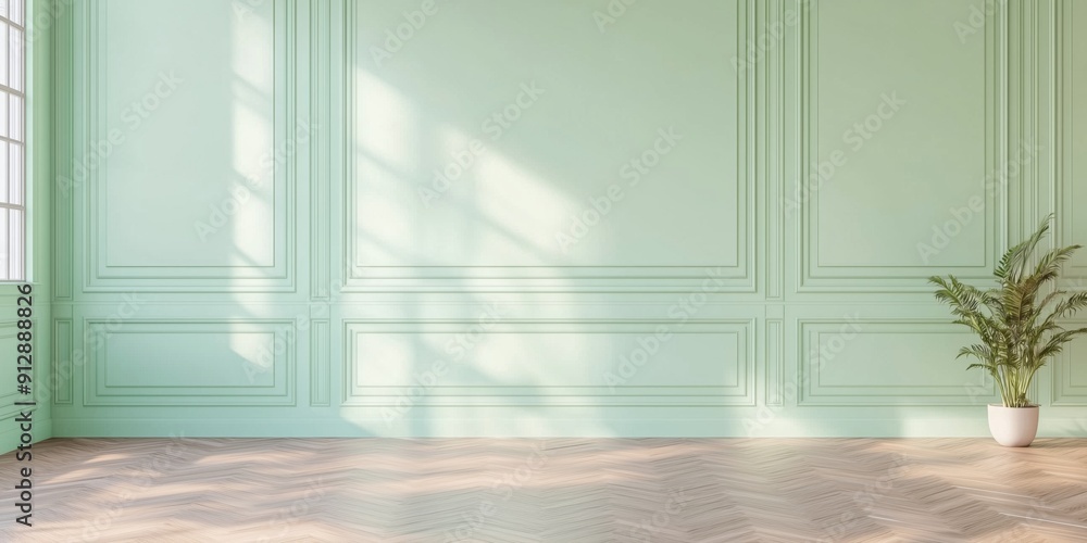 Fototapeta premium Classic French style interior design scene, blank wall color, mint color living room, herringbone wooden parquet floor. Interior of photo studio flooded with light with large panoramic window. Mockup.