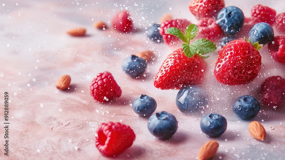 Blueberries, raspberries, almonds, and raspberries scatter across a pink surface Blueberries, raspberries, almonds, and raspberries scatter across a pink surface