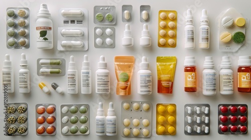 Variety of health and beauty products, including pills, capsules, and creams, arranged aesthetically on a clean surface. photo