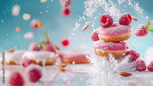  Doughnuts piled high on a table dusted with raspberry-powdered sugar