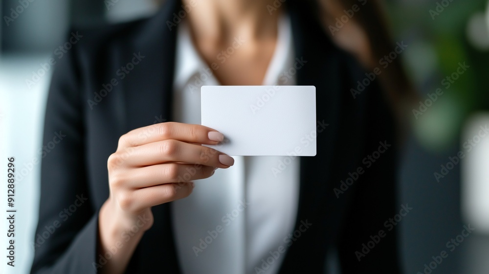 A woman is holding a white business card in her hand. The card is rectangular and has a simple design. The woman is dressed in a business suit.Generative ai illustration A woman is holding a white business card in her hand. The card is rectangular and has a simple design. The woman is dressed in a business suit.Generative ai illustration
