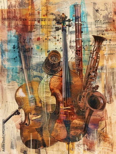 A vibrant collage of musical instruments with abstract background, featuring a violin, saxophone, and clarinet emphasizing the essence of music and art.