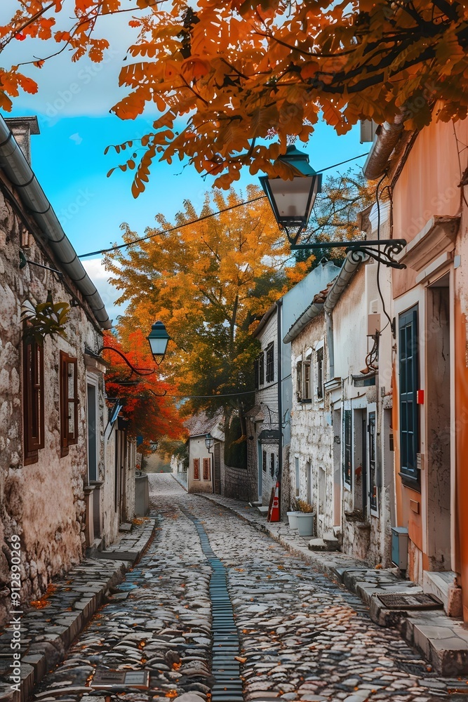 Fototapeta premium Cobblestone Street in Autumnal European Village