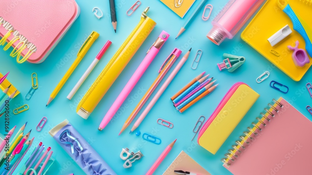 School Supplies Flat Lay, Top-down view of colorful school supplies on colorful background, back-to-school theme with copy space School Supplies Flat Lay, Top-down view of colorful school supplies on colorful background, back-to-school theme with copy space