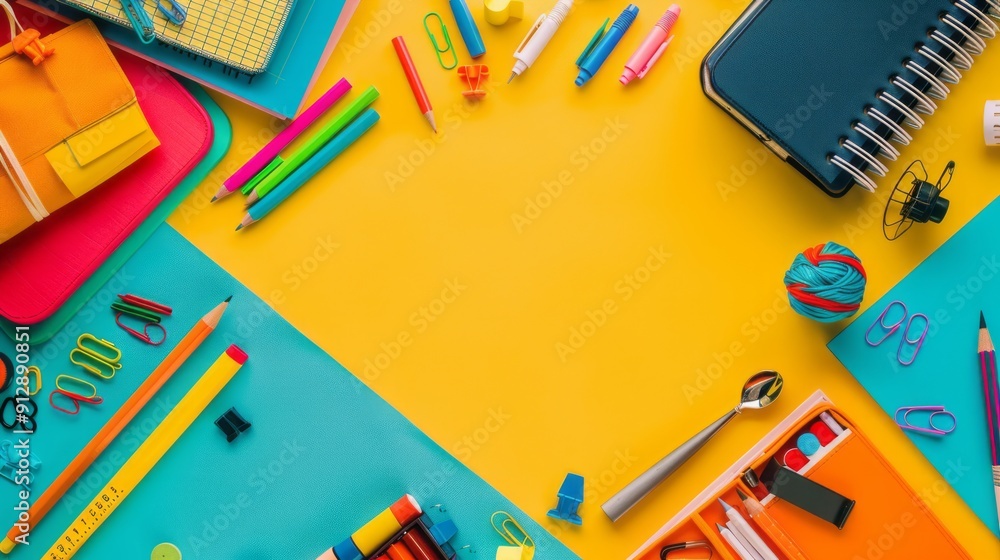 School Supplies Flat Lay, Top-down view of colorful school supplies on colorful background, back-to-school theme with copy space School Supplies Flat Lay, Top-down view of colorful school supplies on colorful background, back-to-school theme with copy space