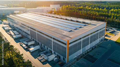 Aerial view of warehouse with solar panels on roof. photo