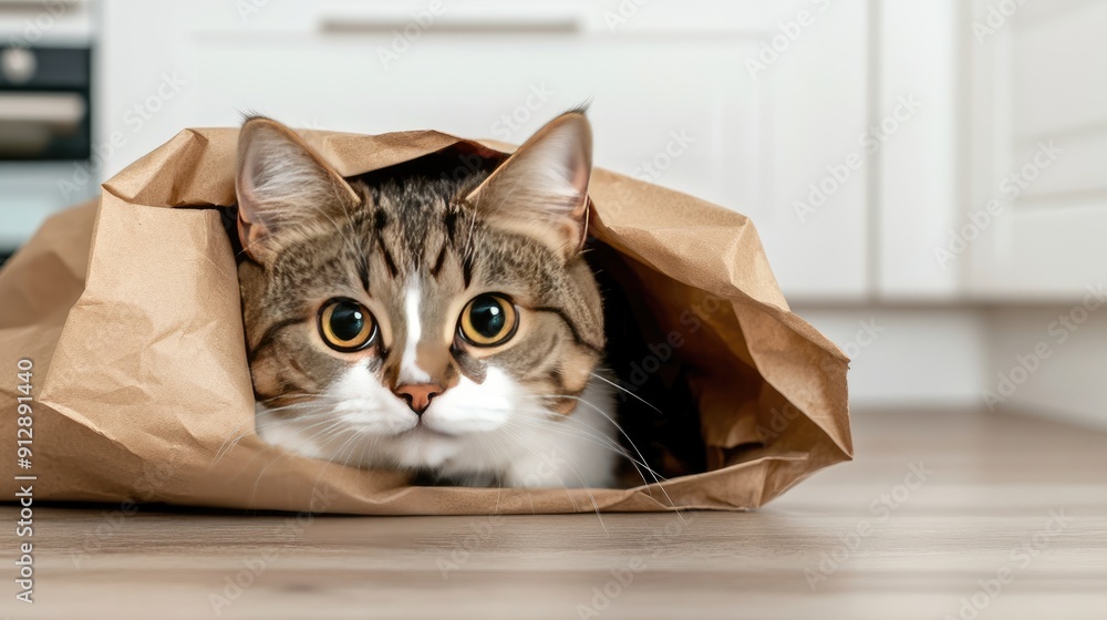 A playful cat peeks out from beneath a crumpled paper bag on a wooden floor, displaying curiosity and readiness for fun in a cozy home environment A playful cat peeks out from beneath a crumpled paper bag on a wooden floor, displaying curiosity and readiness for fun in a cozy home environment