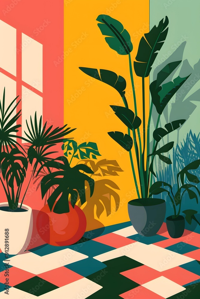 Abstract Illustration of Plants in a Room with Colorful Walls Abstract Illustration of Plants in a Room with Colorful Walls