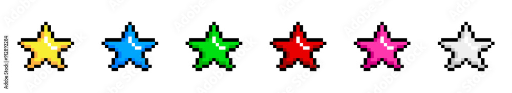 Pixel stars collection. Pixel stars icons set in bright colors. Vector illustration. EPS 10. Pixel stars collection. Pixel stars icons set in bright colors. Vector illustration. EPS 10.