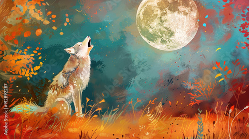 Illustrated wolf howling at the full moon in a colorful forest scene, capturing the mystic essence of the night photo