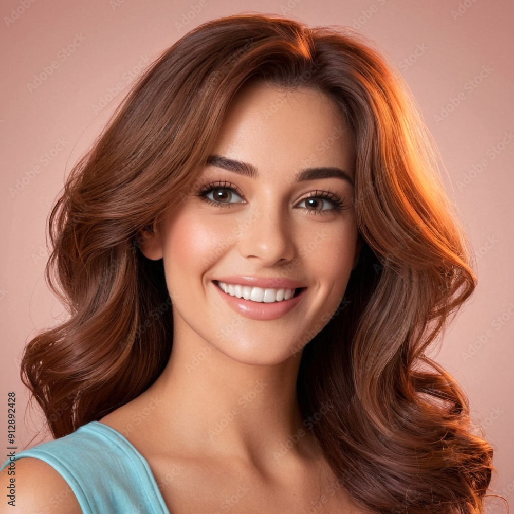 Obraz premium Smiling young woman with long hair against soft pink background