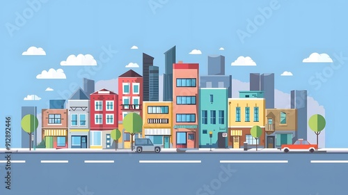 Colorful Cityscape Illustration with Buildings and Cars