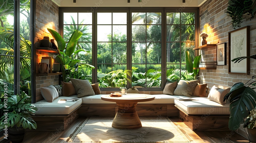 A living room with a large window and a table in the middle A living room with a large window and a table in the middle