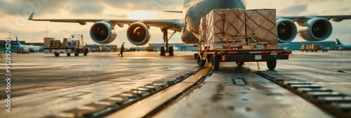 Close up of cargo cart trolley filled with commercial parcels in front of a turboprop cargo plane Air mail shipping and logistics services with a focus on import export operations and commer photo