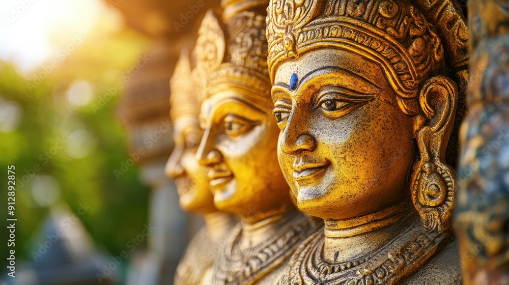 A group of gold statues of faces. The sun is shining on them, making them look even more golden and beautiful A group of gold statues of faces. The sun is shining on them, making them look even more golden and beautiful